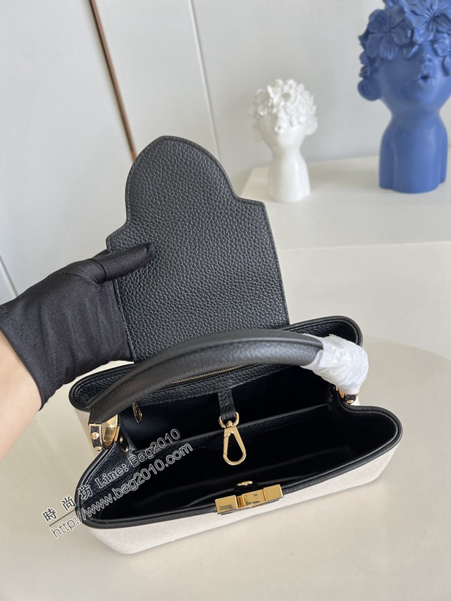 LV專櫃2023新款Capucines BB手袋 M48865黑拼帆布刺繡 路易威登Capucines搭蓋手提肩背女包 dn1126